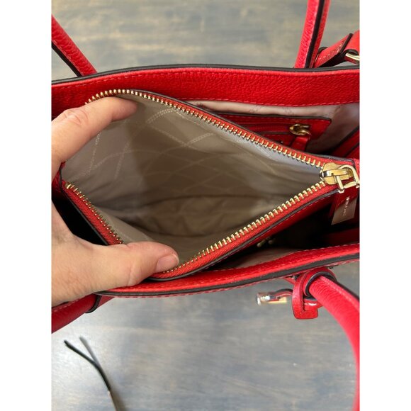 Michael Kors Mercer Red Coral Tan Leather Straw Purse Hand Bag Accordion - Picture 4 of 14